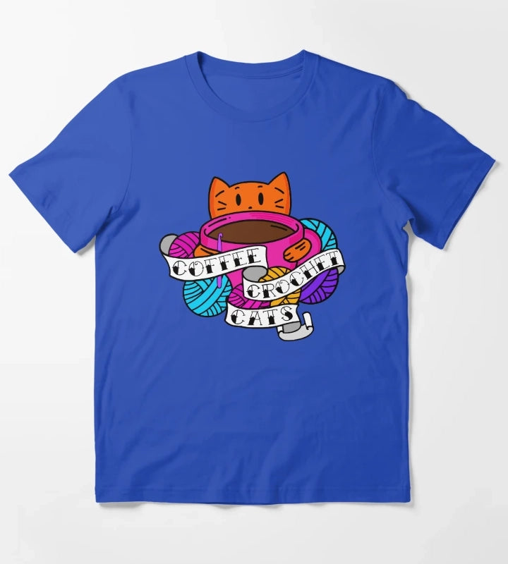 Coffee Crochet Cats T-Shirt Blue