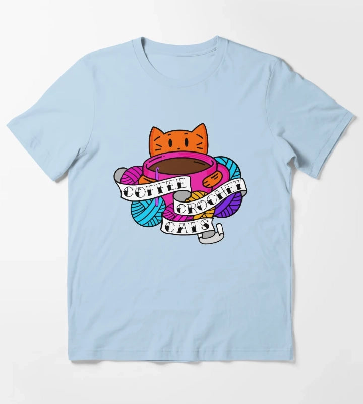 Coffee Crochet Cats T-Shirt Sky Blue