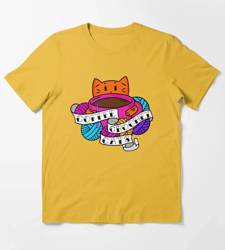 Coffee Crochet Cats T-Shirt Yellow