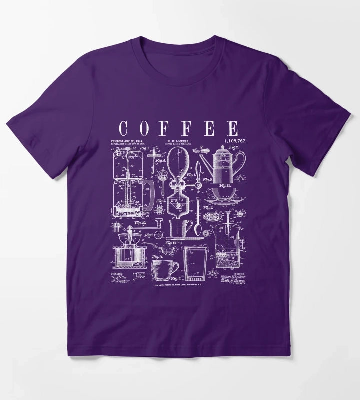 Coffee Drinker Lover Caffeine Addict Vintage Patent Print T-Shirt Purple