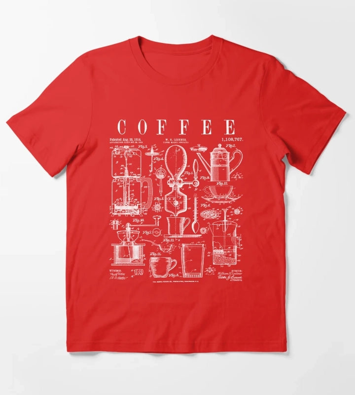 Coffee Drinker Lover Caffeine Addict Vintage Patent Print T-Shirt Red