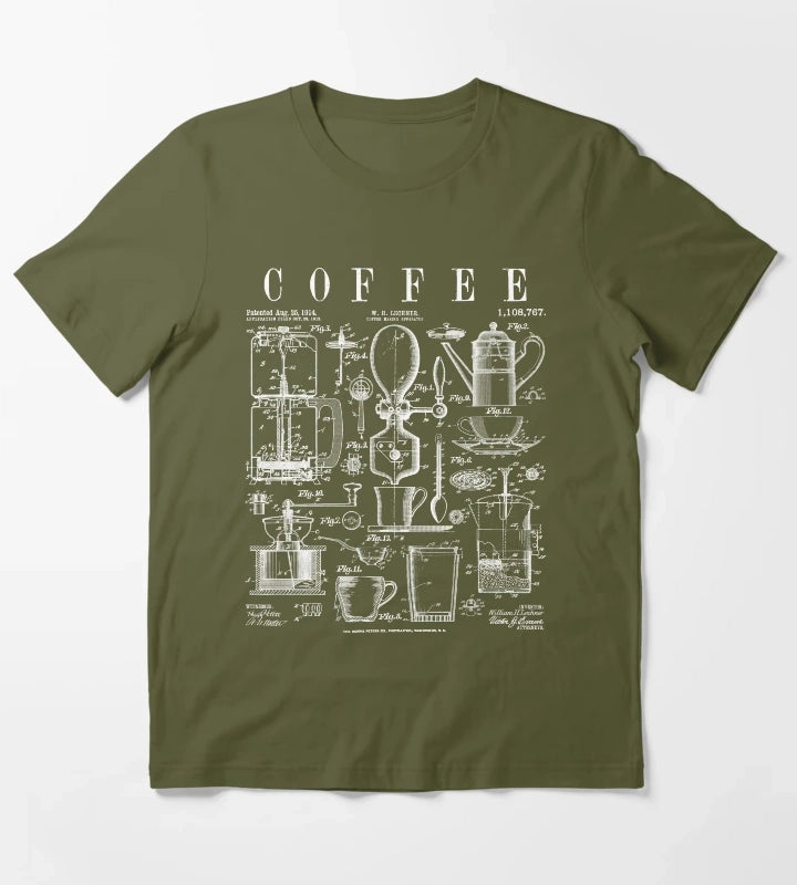 Coffee Drinker Lover Caffeine Addict Vintage Patent Print T-Shirt Olive Green