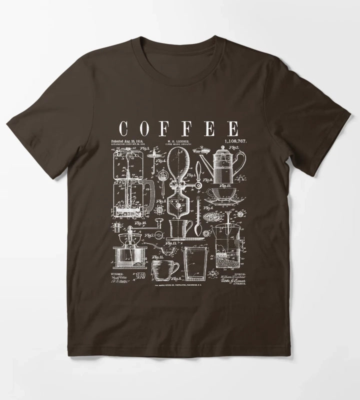 Coffee Drinker Lover Caffeine Addict Vintage Patent Print T-Shirt Brown