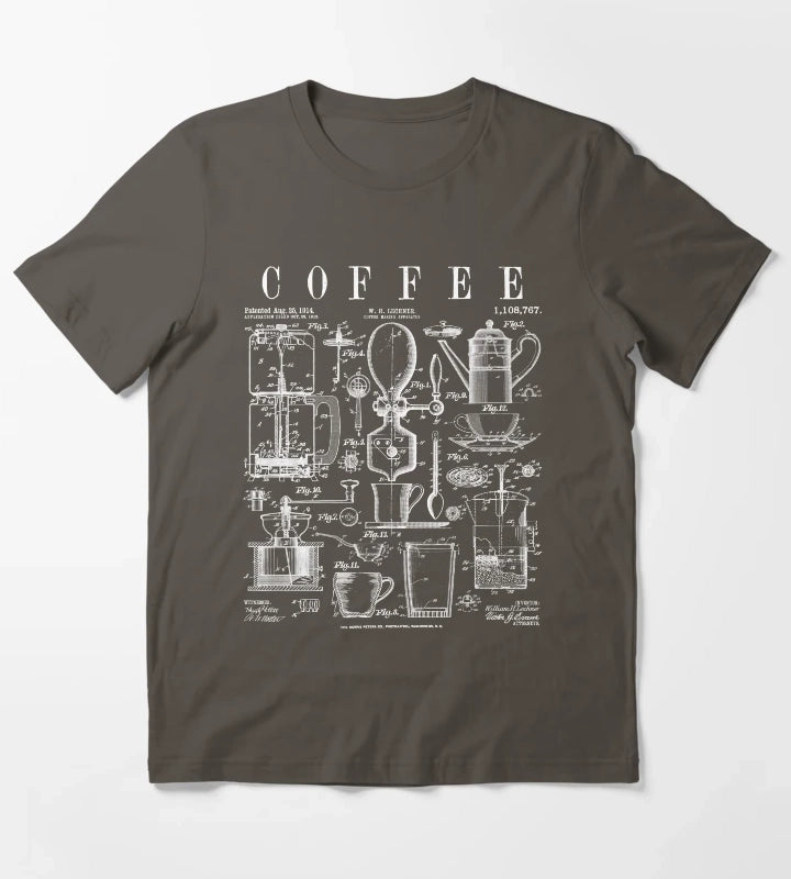 Coffee Drinker Lover Caffeine Addict Vintage Patent Print T-Shirt Dark Grey