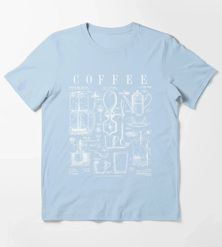 Coffee Drinker Lover Caffeine Addict Vintage Patent Print T-Shirt Sky Blue
