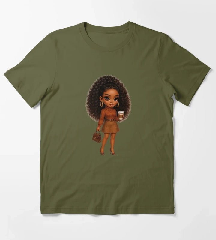 Coffee Lover Chibi Girl Autumn Style T-Shirt Olive Green