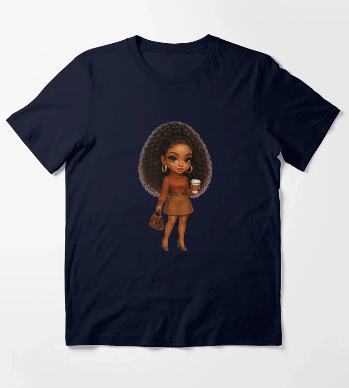 Coffee Lover Chibi Girl Autumn Style T-Shirt Navy