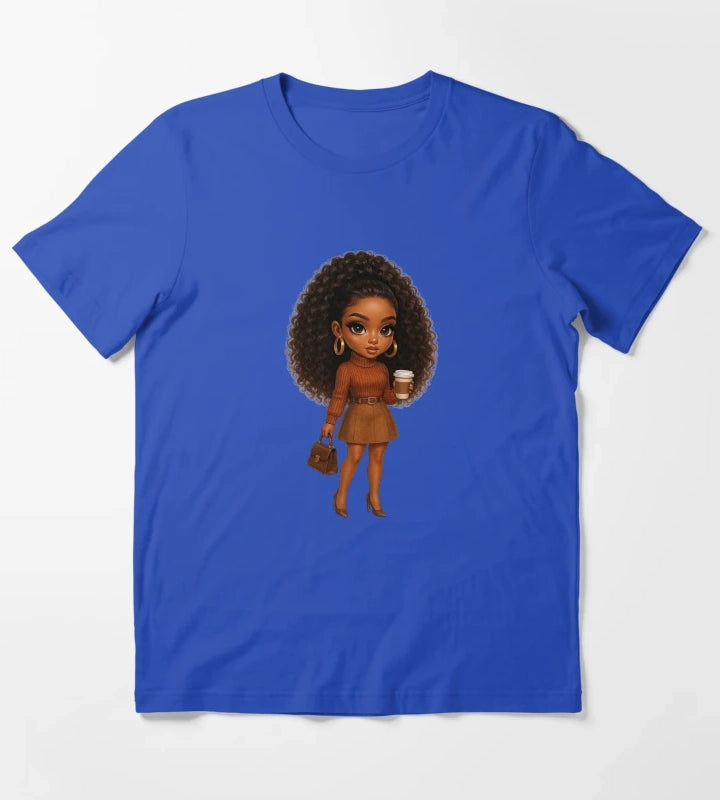 Coffee Lover Chibi Girl Autumn Style T-Shirt Blue