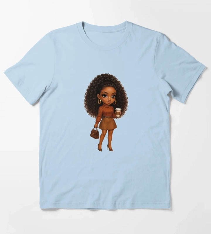Coffee Lover Chibi Girl Autumn Style T-Shirt Sky Blue