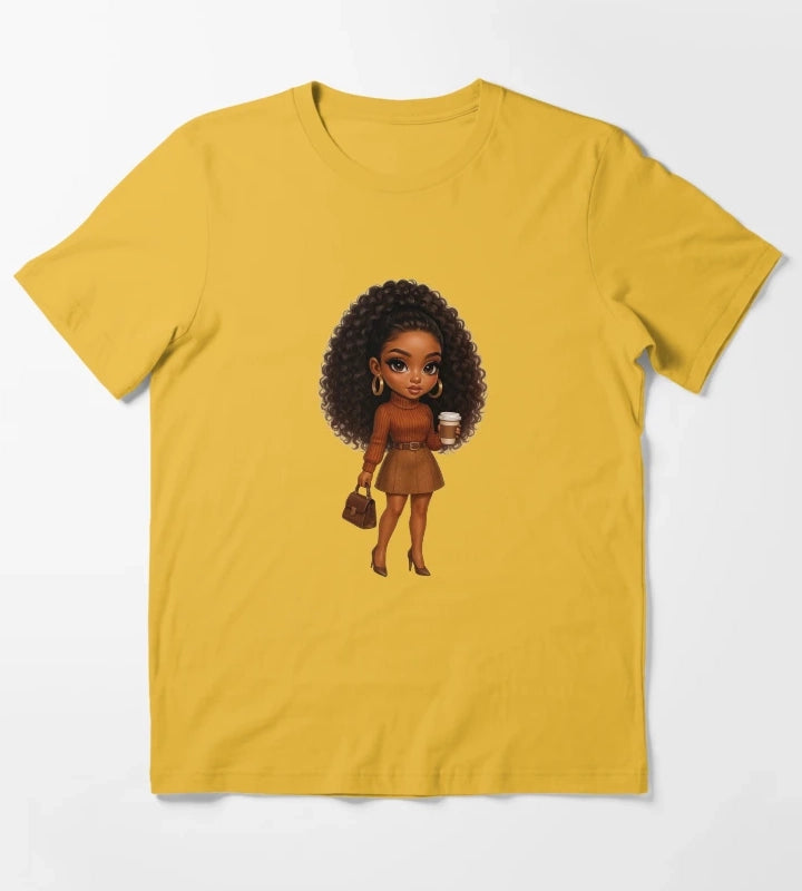 Coffee Lover Chibi Girl Autumn Style T-Shirt Yellow