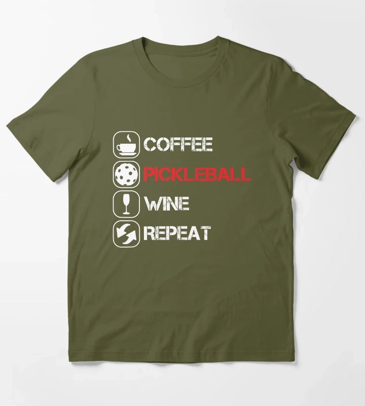 Coffee Pickleball Wine Repeat T-Shirt Olive Green