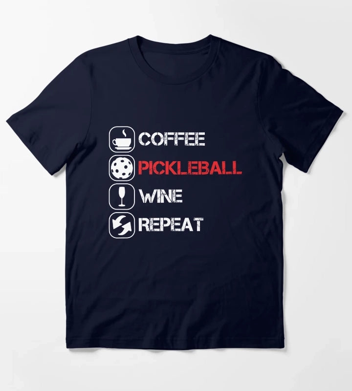 Coffee Pickleball Wine Repeat T-Shirt Navy