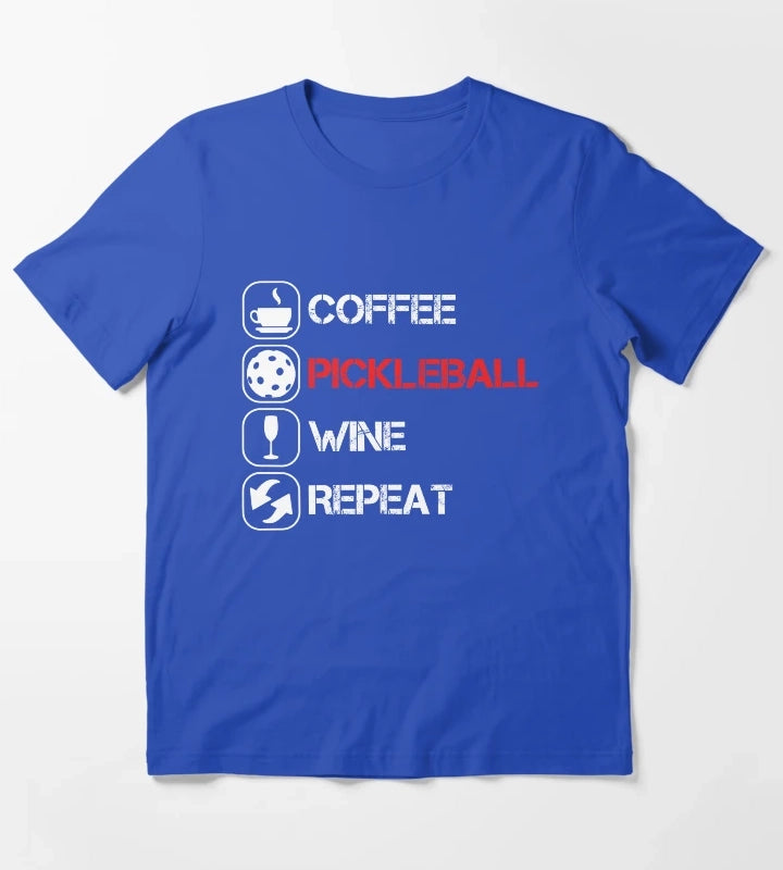 Coffee Pickleball Wine Repeat T-Shirt Blue