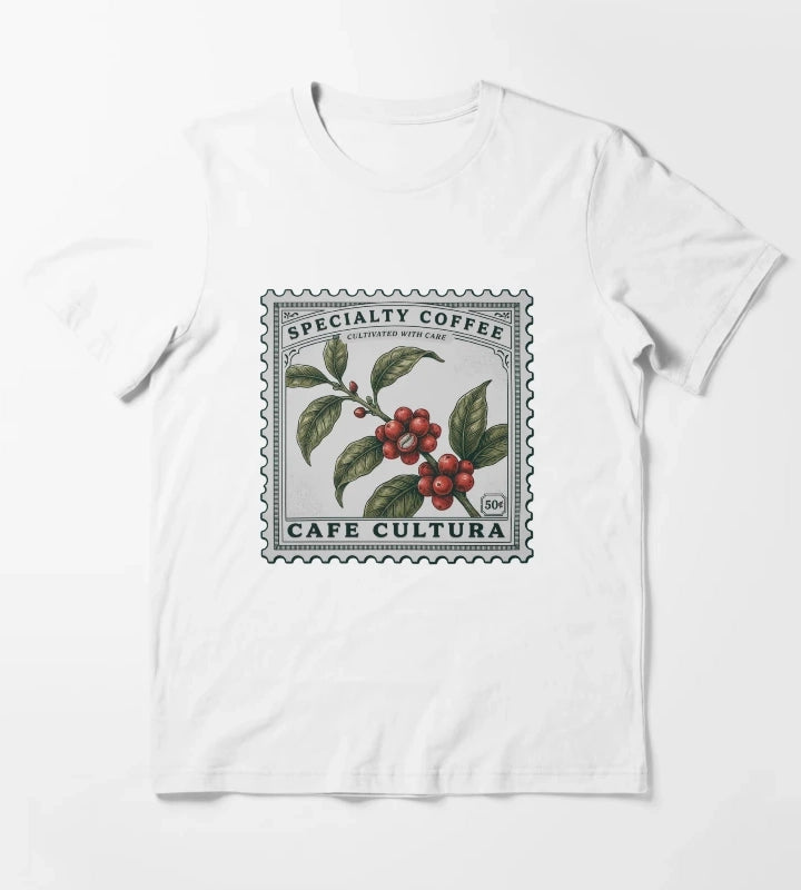 Coffee Plant Vintage Stamp Art Specialty Coffee Botanical Illustration Cafe Cultura T-Shirt White