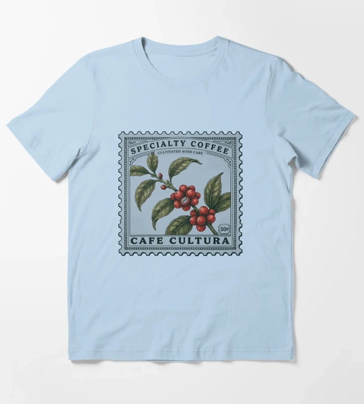 Coffee Plant Vintage Stamp Art Specialty Coffee Botanical Illustration Cafe Cultura T-Shirt Sky Blue