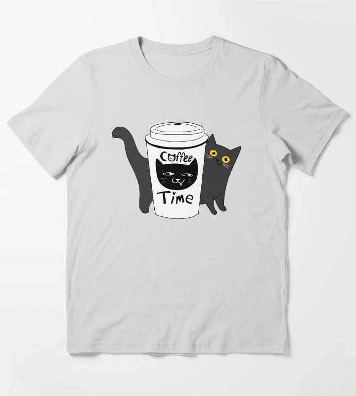 Coffee Time Cat T-Shirt Light Grey