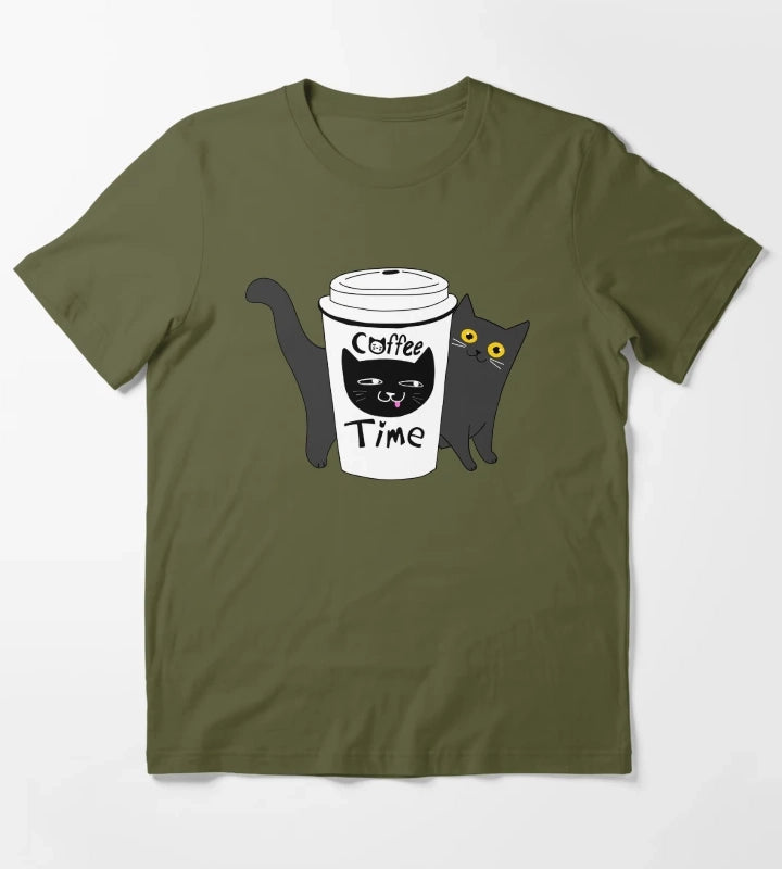 Coffee Time Cat T-Shirt Olive Green