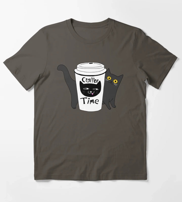 Coffee Time Cat T-Shirt Dark Grey
