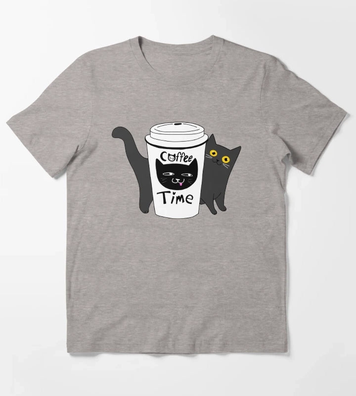 Coffee Time Cat T-Shirt Heather Grey