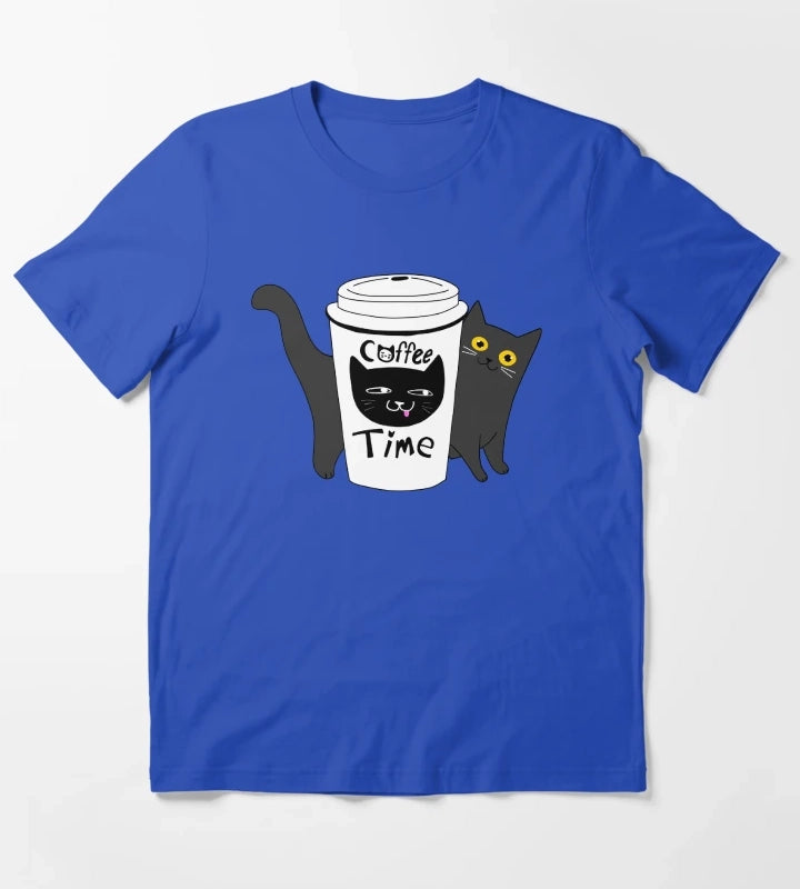 Coffee Time Cat T-Shirt Blue