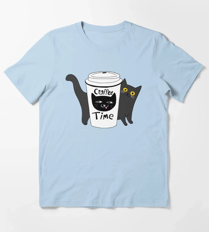 Coffee Time Cat T-Shirt Sky Blue