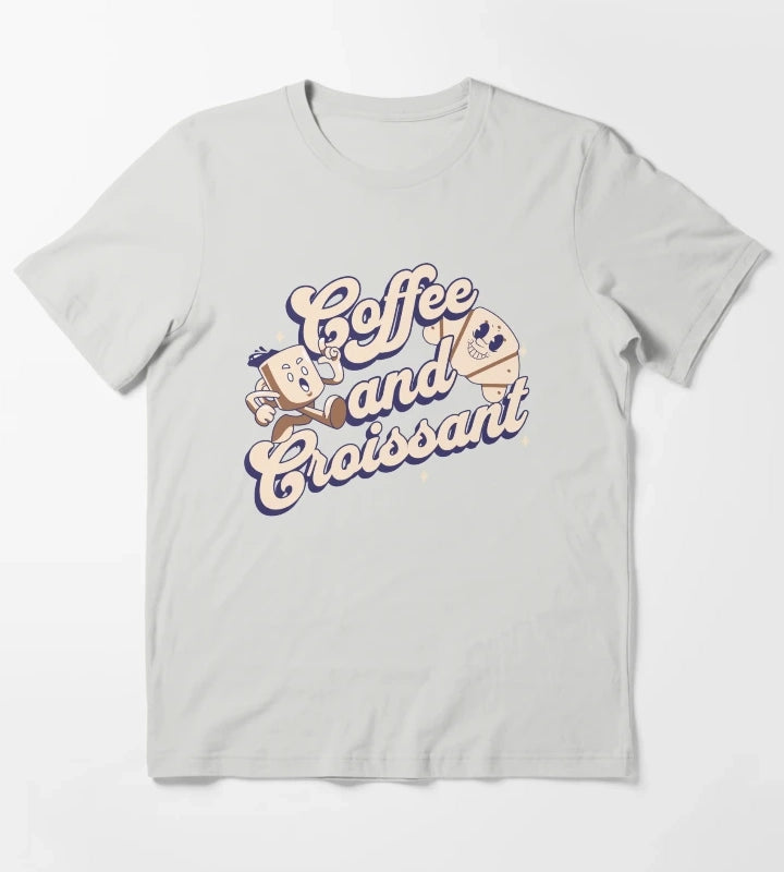Coffee and Croissant Retro Art T-Shirt Light Grey