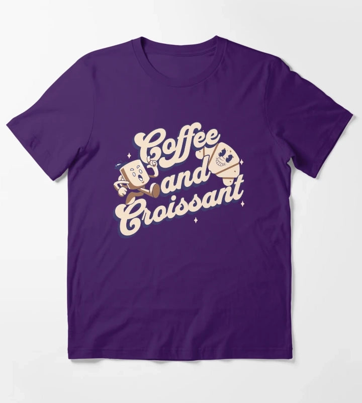 Coffee and Croissant Retro Art T-Shirt Purple