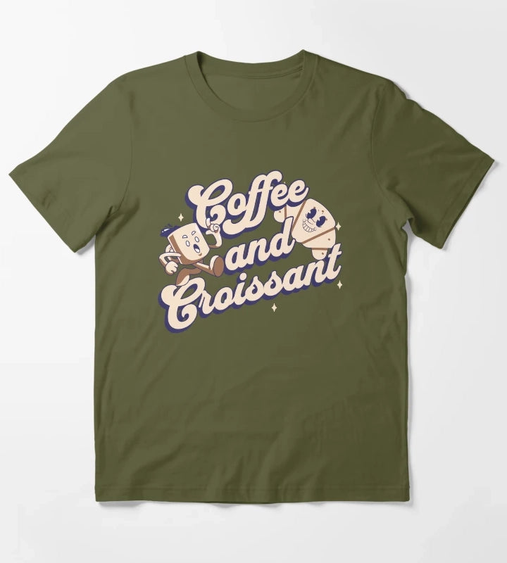 Coffee and Croissant Retro Art T-Shirt Olive Green