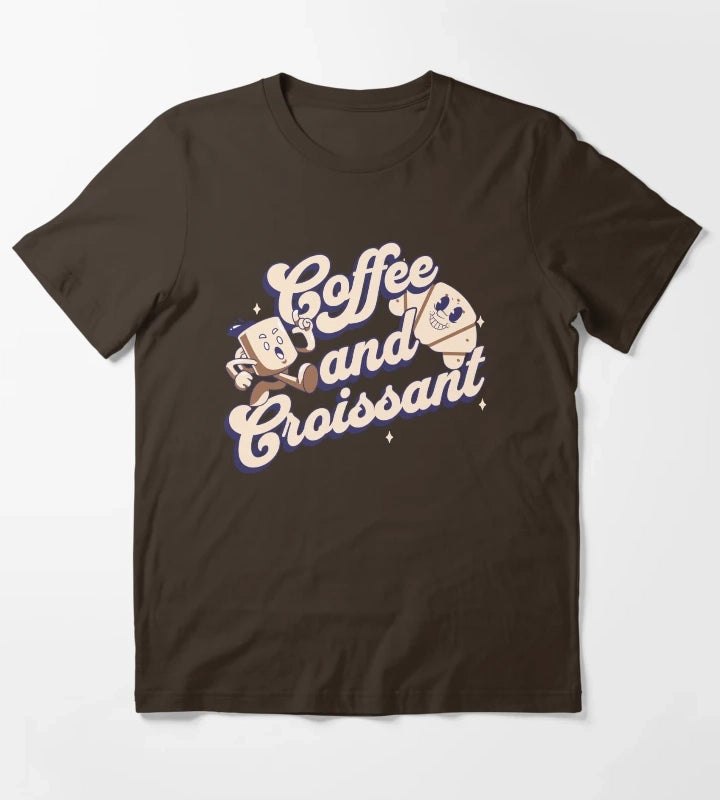Coffee and Croissant Retro Art T-Shirt Brown