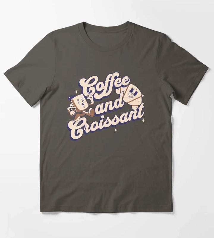 Coffee and Croissant Retro Art T-Shirt Dark Grey