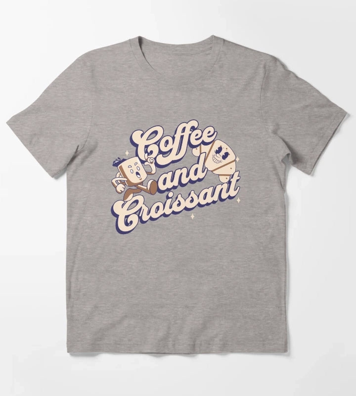Coffee and Croissant Retro Art T-Shirt Heather Grey