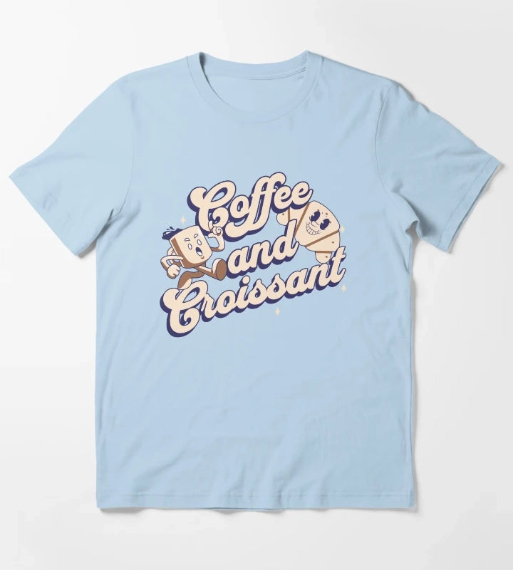 Coffee and Croissant Retro Art T-Shirt Sky Blue