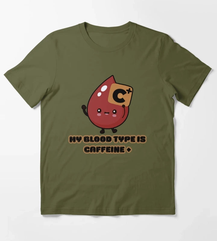 Coffee love My Blood Type Is Caffeine Positive Funny Coffee Lover Cute Kawaii Design T-Shirt Olive Green