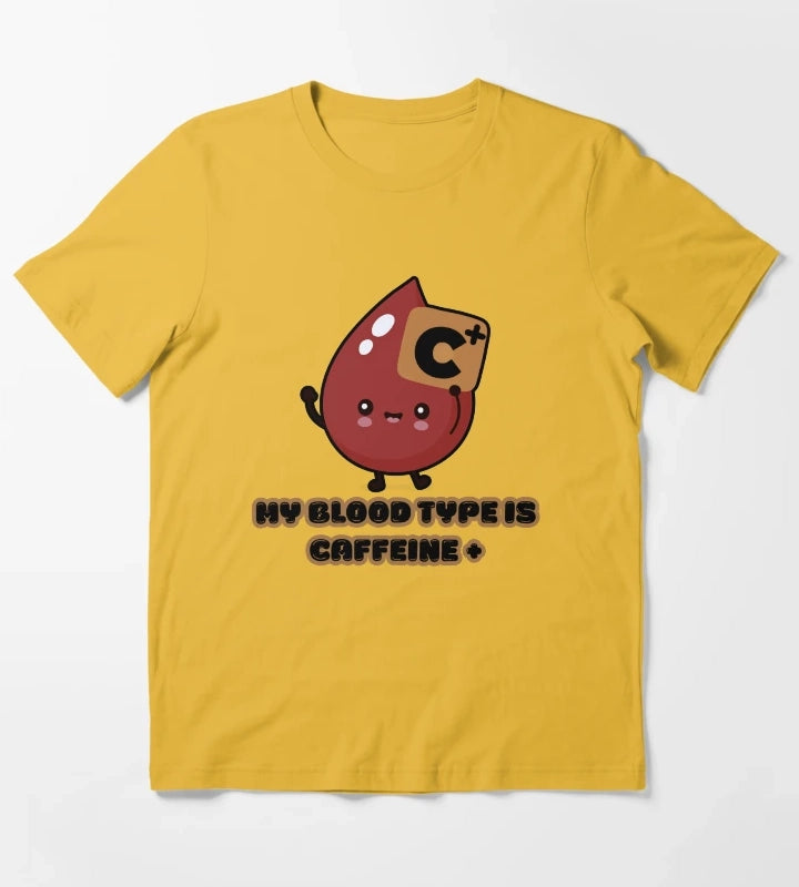 Coffee love My Blood Type Is Caffeine Positive Funny Coffee Lover Cute Kawaii Design T-Shirt Yellow