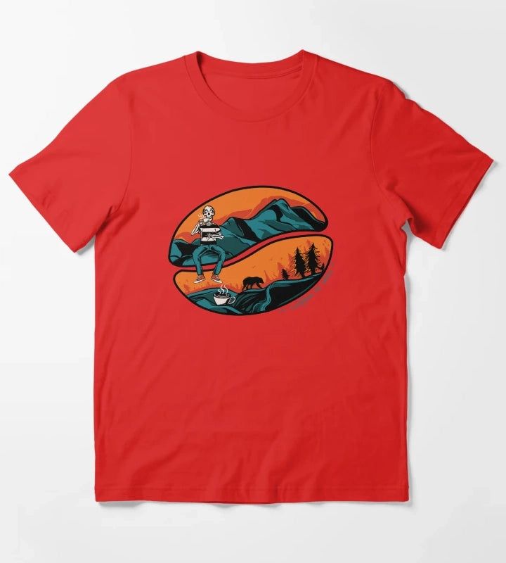Coffee to Stay Funny Skeleton Camping Coffee Lover Graphic T-Shirt Red
