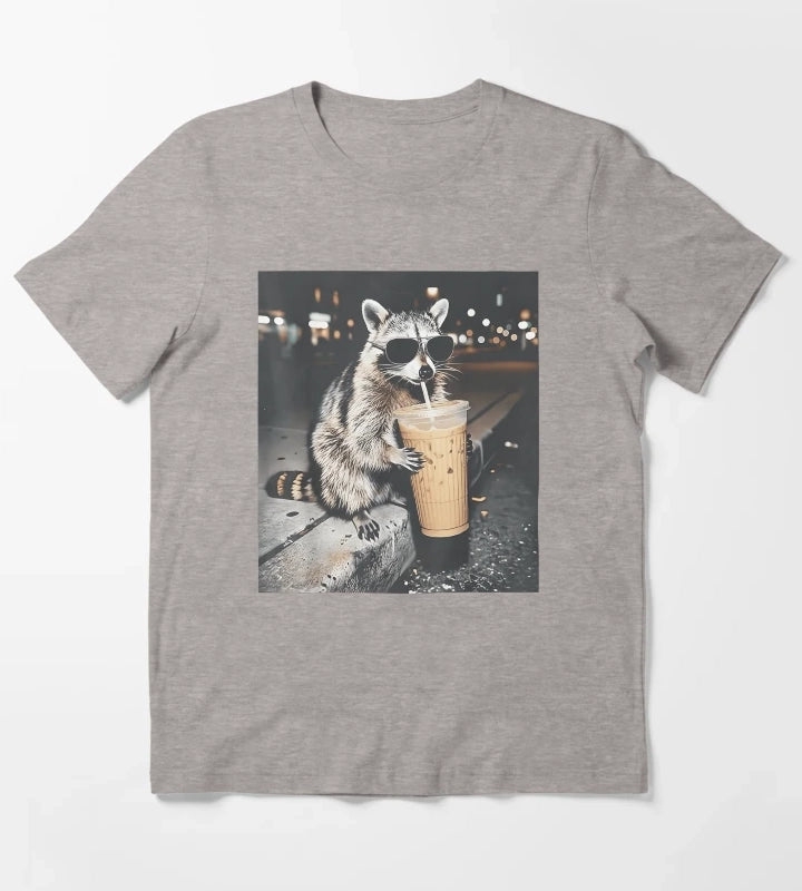 Cool Raccoon Drinking Iced Coffee Wearing Sunglasses Street Style Night Vibes T-Shirt Heather Grey