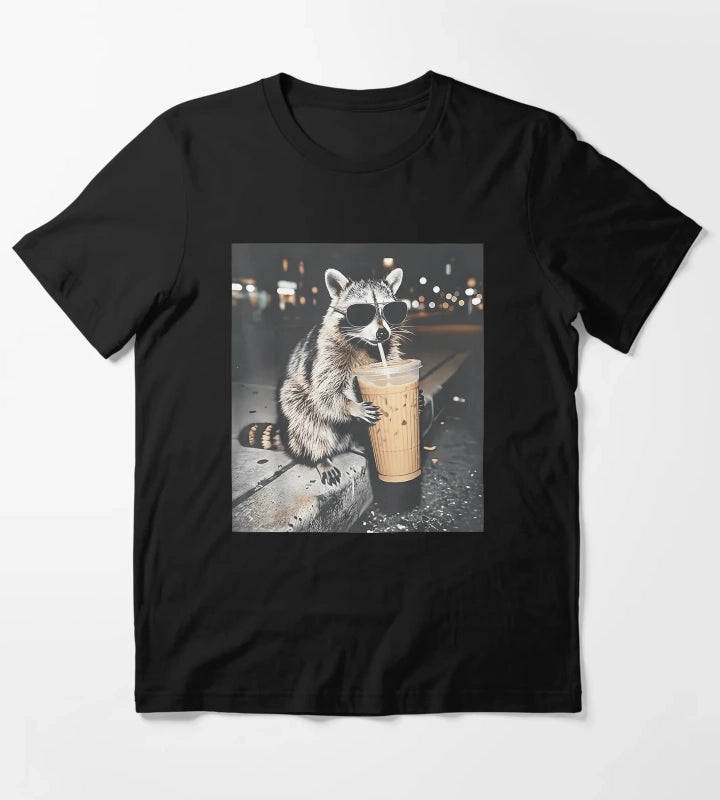 Cool Raccoon Drinking Iced Coffee Wearing Sunglasses Street Style Night Vibes T-Shirt