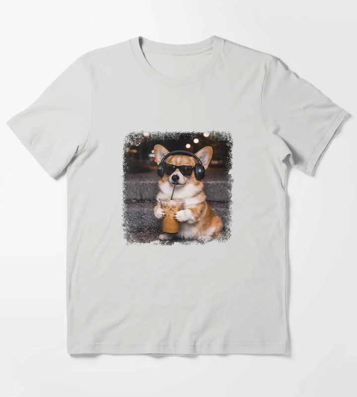 Corgi Drinking Iced Coffee Lover Humor Funny Meme T-Shirt Light Grey