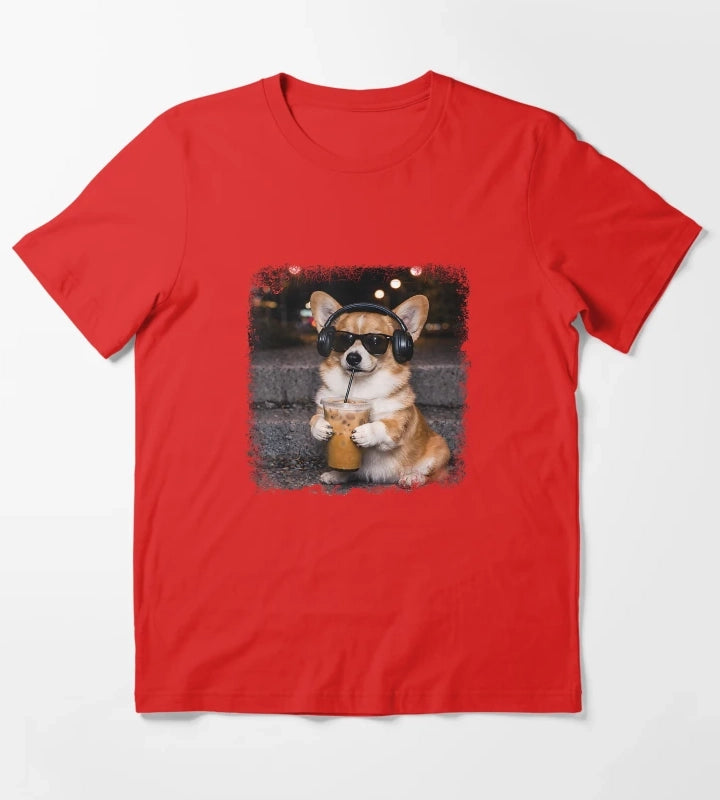 Corgi Drinking Iced Coffee Lover Humor Funny Meme T-Shirt Red