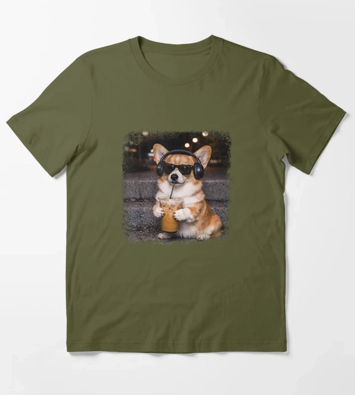 Corgi Drinking Iced Coffee Lover Humor Funny Meme T-Shirt Olive Green