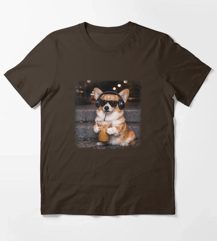 Corgi Drinking Iced Coffee Lover Humor Funny Meme T-Shirt Brown
