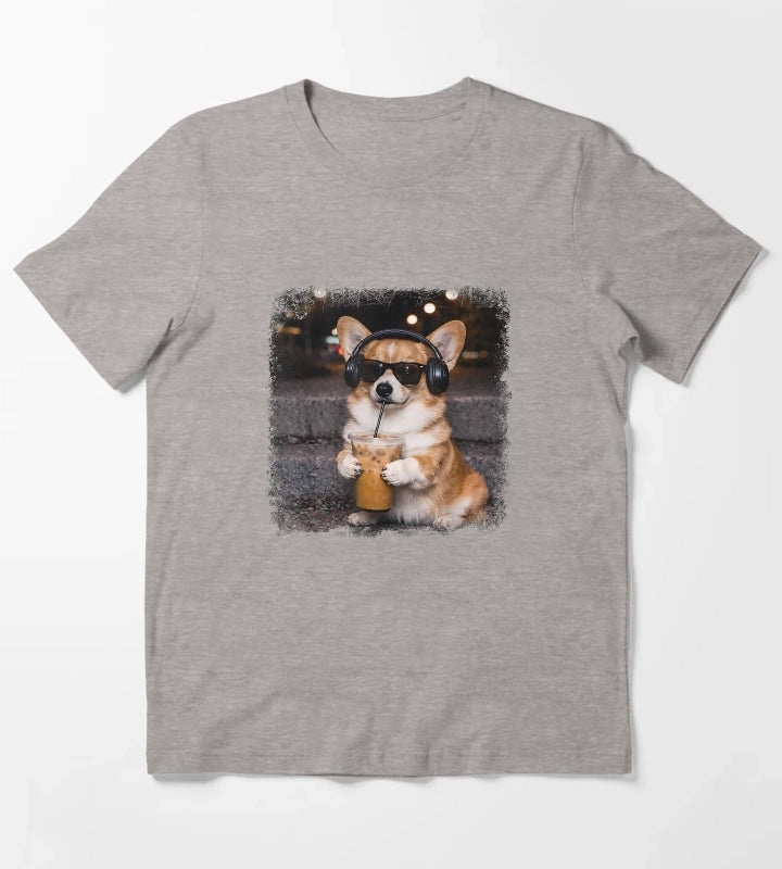 Corgi Drinking Iced Coffee Lover Humor Funny Meme T-Shirt Heather Grey
