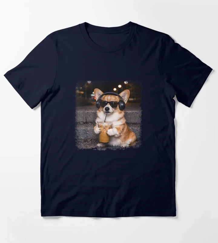 Corgi Drinking Iced Coffee Lover Humor Funny Meme T-Shirt Navy