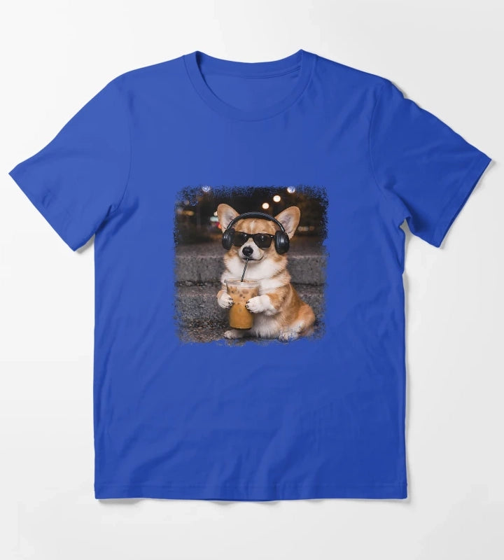 Corgi Drinking Iced Coffee Lover Humor Funny Meme T-Shirt Blue