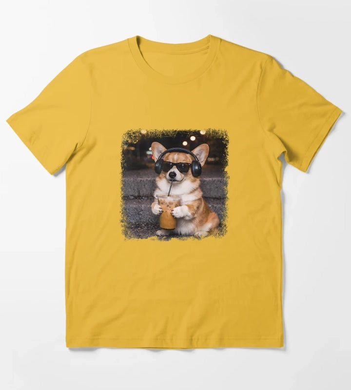 Corgi Drinking Iced Coffee Lover Humor Funny Meme T-Shirt Yellow