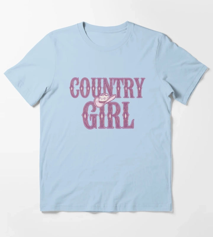 Country Girl Cowgirl Hat T-Shirt Sky Blue