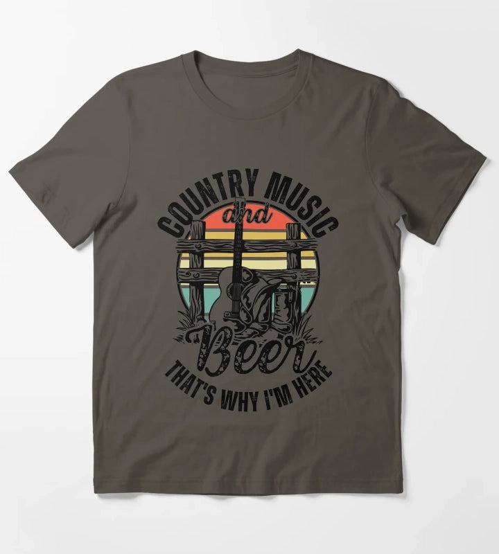 Country Music And Beer Thats Why Im Here Country Music And Western Style Gift T-Shirt Dark Grey