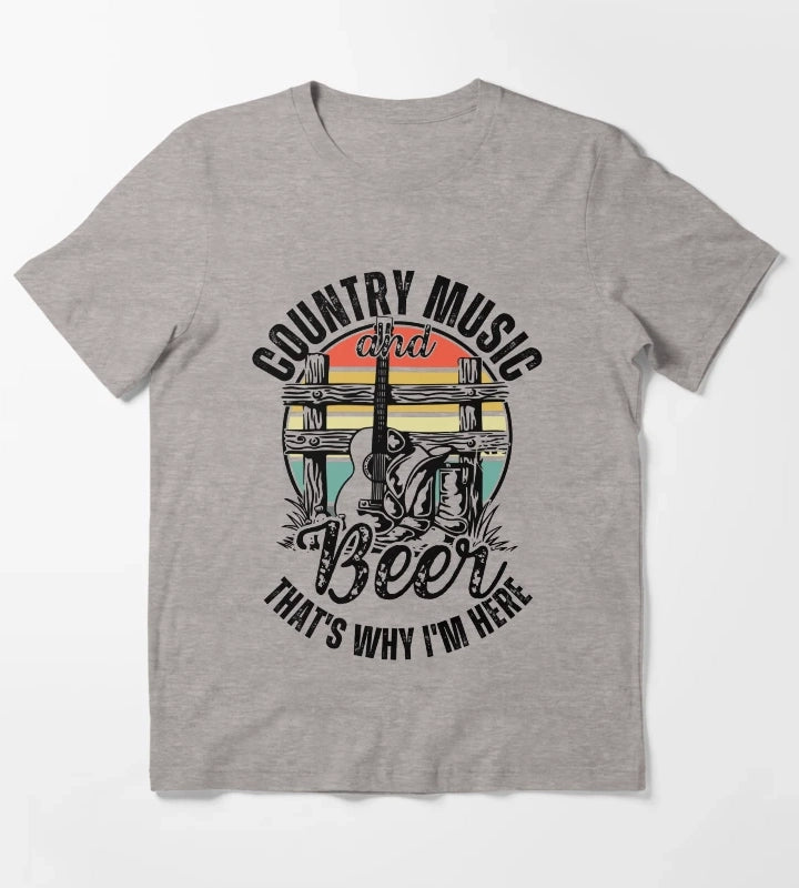 Country Music And Beer Thats Why Im Here Country Music And Western Style Gift T-Shirt Heather Grey