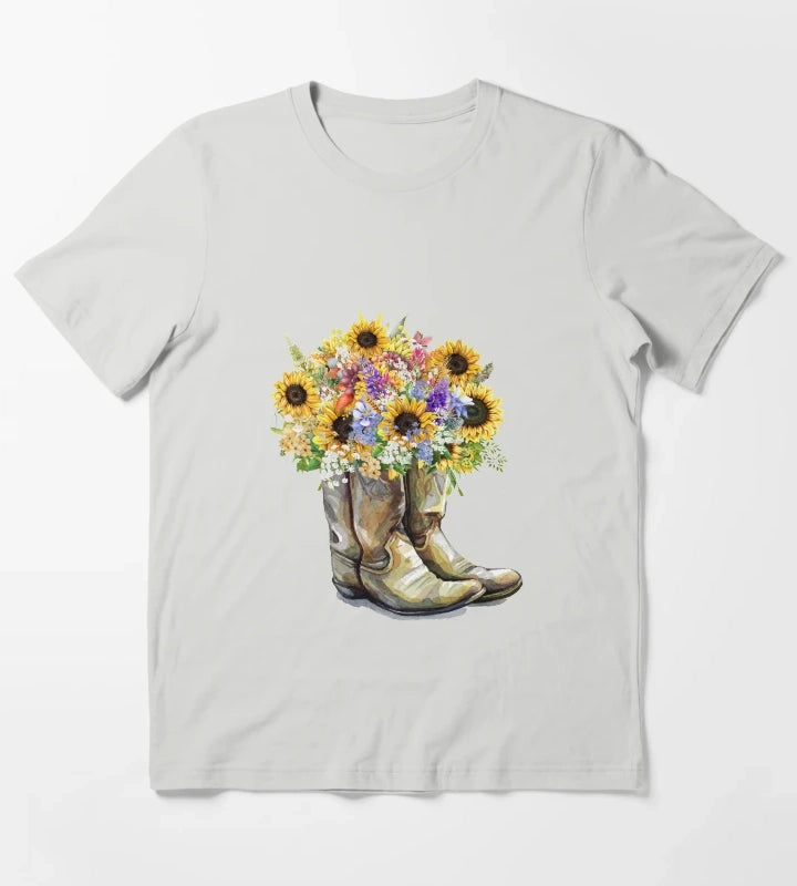 Cowboy Boots Cowgirl Boots Sunflowers T-Shirt Light Grey