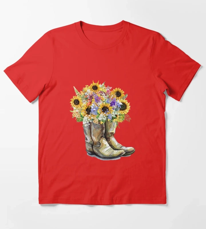 Cowboy Boots Cowgirl Boots Sunflowers T-Shirt Red